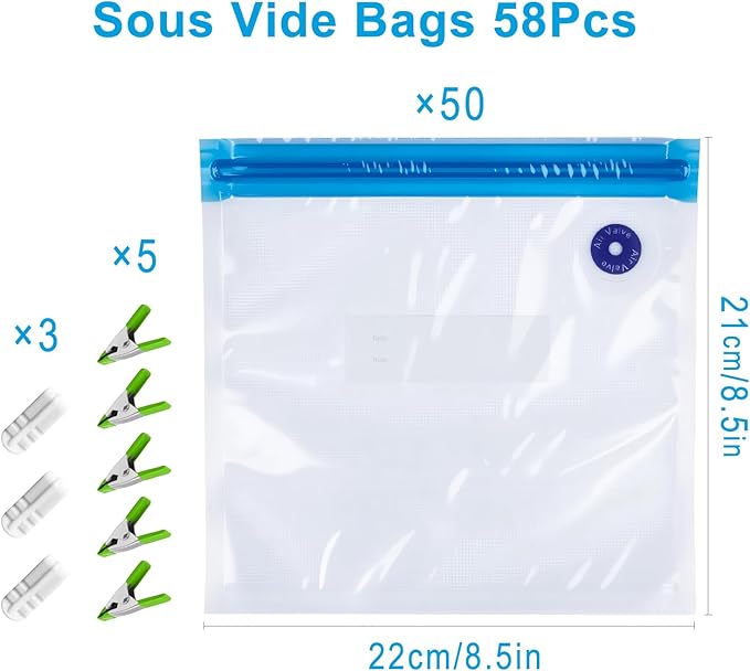 MEGAWISE Reusable Sous Vide Bags 58Pcs BPA-Free, 1.4L Vacuum Sealer Bags for Cooking & Microwave, 50 Zipper Bags, 3 Seal Clips ＆ 5 Cooking Clips, Heat-Resistant & Leakproof (8.5x8.5in)