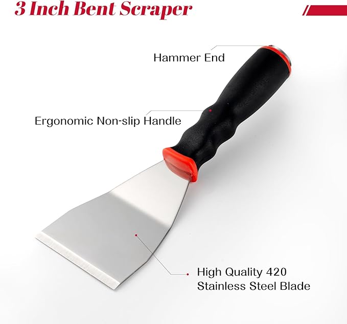 Mister Rui Bent Heavy Duty Scraper, 2 Pack 3 Inch Bent Scraper, Stainless Steel Putty Knife with Hammer End, Spackle Knife with Soft Grip Rubber Handle, Paint Scraper Tool for Wood