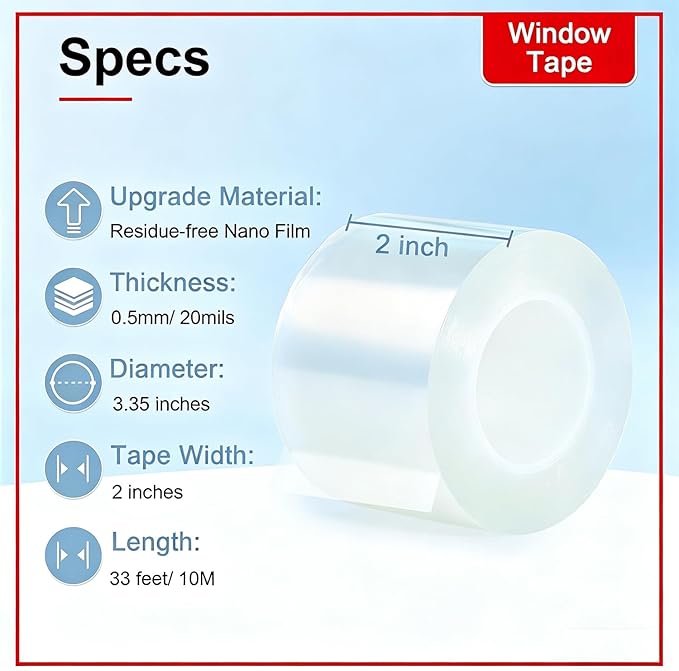 Window Sealing Tape 2 Inch x 33 FT Transparent Window Draft Insulation Residue-Free Clear Weather Stripping Caulk Tape Windproof Weatherproof Window Seal AC Units for Window Glass, Doors Gaps