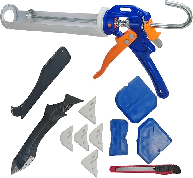 Caulking Gun Kit with Caulking Gun,Sealant Removal Tools,Sealant Finishing Tool,Grout Scraper&Utility Knife-5-in-1 Professional Sealant Repair Set for Tiles,Bathrooms,and DIY Projects