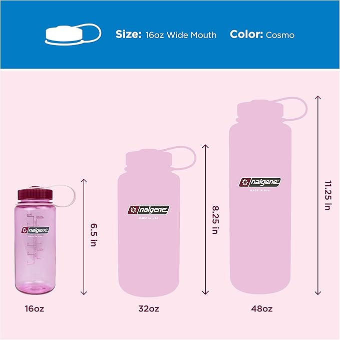 Nalgene 16 oz Wide Mouth Water Bottle | Slim Cup Holder Size, BPA-Free, Durable & Leak Proof, Lightweight Travel Bottle, Cosmo