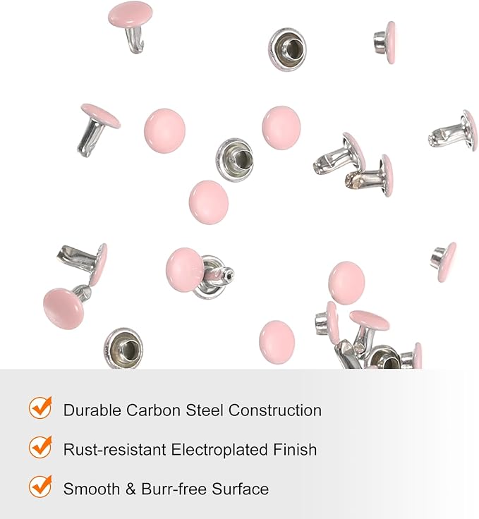 HARFINGTON 100 Sets Double Cap Leather Rivets, 6x6mm Round Cap Tubular Metal Studs Leather Crafting Rivets for Fabric Belt Pet Collar Boot Bag Repair and Decoration, Pink