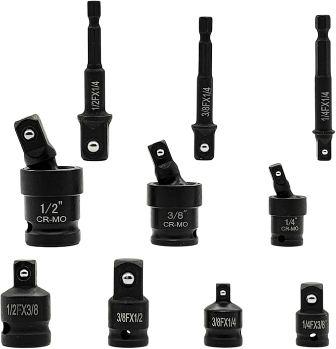 FUVONTA Impact Swivel Socket Adapter Set with Case - Universal Joint, Reducer & Drill Adapter (1/4" 3/8" 1/2") | CR-MO Steel for Automotive Repair, DIY Projects & Off-Road Emergencies (10 PC)