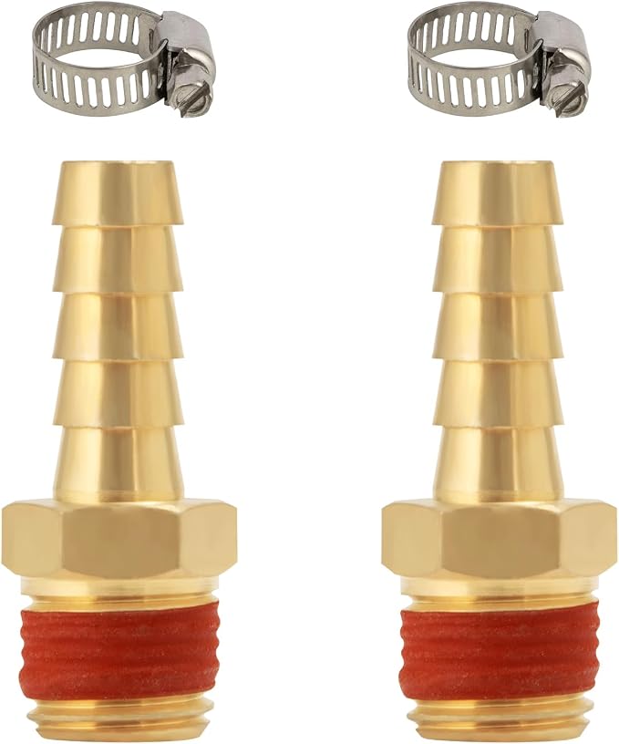 SUNGATOR 2-Pack 5/16" Barb to 1/4" NPT Air Hose Fittings, Brass Air Hose Repair Kit with Sealant, 5/16" to 1/4" NPT Male Brass Fittings, Barbed Gas Line Repair Connectors with 2 Clamps