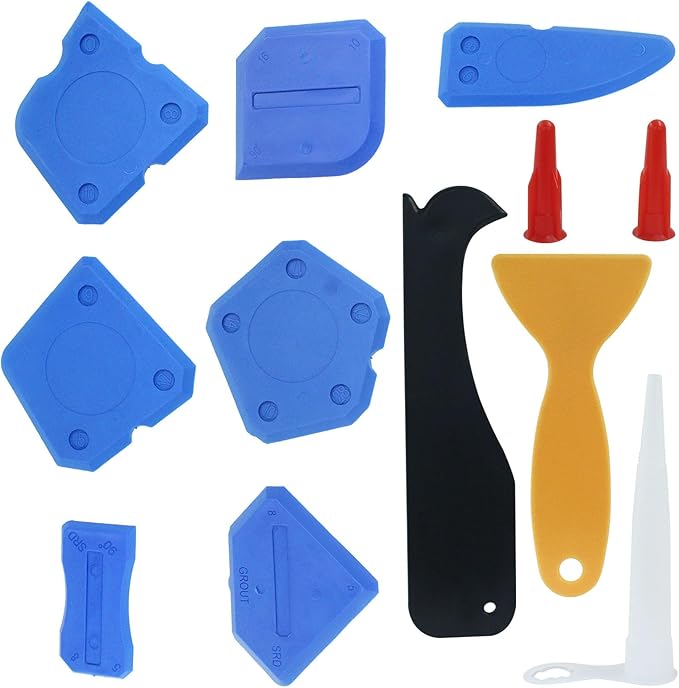 Waziaqoc 12 PCS Caulking Tool, Sealant Finishing Grout Tools Kit, Hand Caulk Removal Tool, Caulk Skirting Boards & Base Boards Replaceable Pads for Bathroom Kitchen Sealing