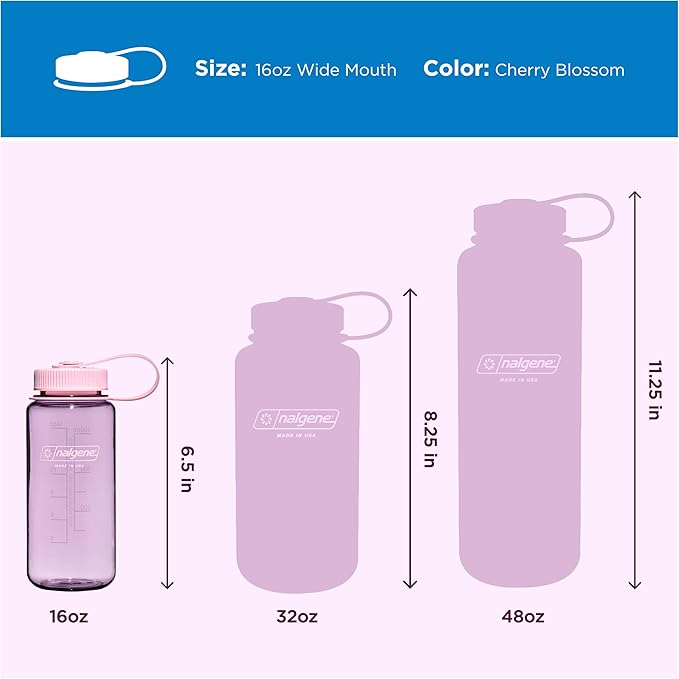 Nalgene 16 oz Wide Mouth Water Bottle | Slim Cup Holder Size, BPA-Free, Durable & Leak Proof, Lightweight Travel Bottle, Cherry Blossom