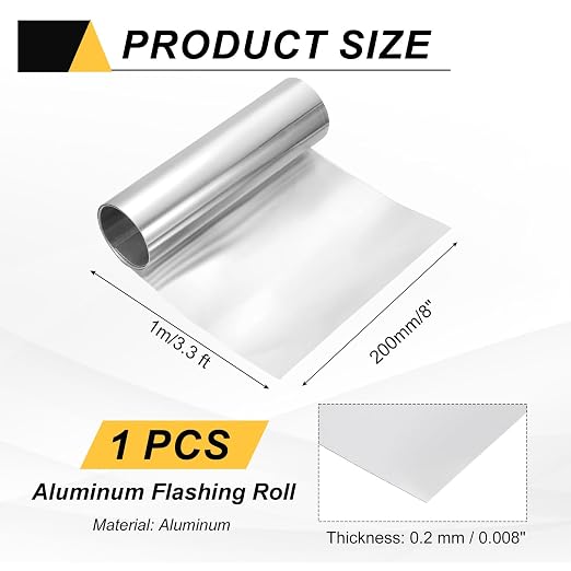 uxcell Aluminum Flashing Roll, 8in x 3.3ft Metal Roof Panels 0.2mm Waterproof Aluminum Sheet Roll for House Repair, Roof Flashing, Sealing Windows Doors, DIY Projects