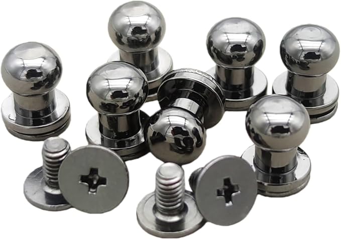 Denailey 12 Sets Solid Brass Round Head Button Stud Screw Leather Rivet Chicago Screws Button Rivets for Leather Craft Belt Wallet Handbag Repairs Decoration (Round Head Size 6mm, Shiny Gunmetal)