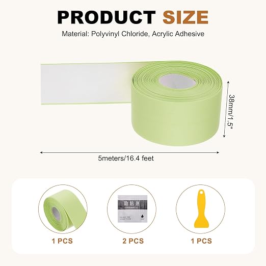 uxcell Caulk Tape Waterproof, 1.5 Inch x 16.4 ft Self-Adhesive Sealant Sealing Strip Caulking Sealant Tape PVC with Tool for Kitchen Sink Toilet Bathroom Bathtub Floor, Green