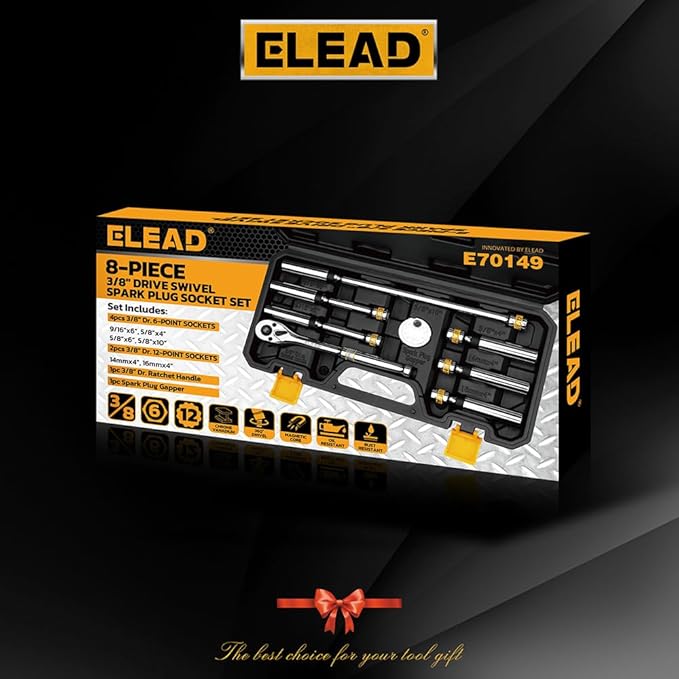 ELEAD 8-Piece 3/8" Drive Magnetic Swivel Spark Plug Socket Set, 5/8", 9/16", 14mm, 16mm, Include Ratchet Handle & Spark Plug Gapper, 6 & 12 Point CR-V Spark Plug Removal Tool