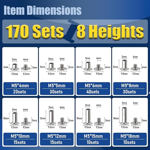 170 Sets Silvery Chicago Screws Leather Rivets Kit, 8 Sizes (M5*4,5,6,8,10,12,15,18) & 3 Screw Lengths (M4*3,4,5) for Belts, Bookbinding, DIY Leather (Silvery)