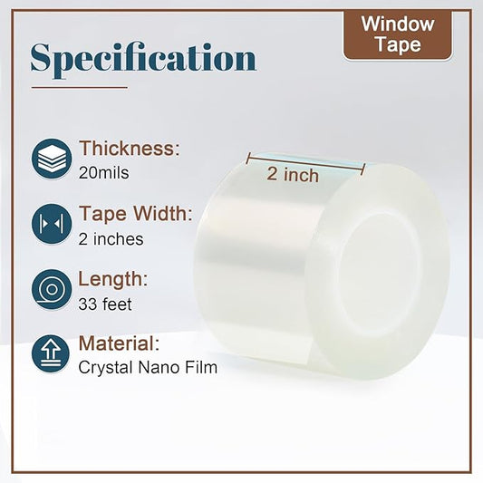Window Sealing Tape 2 Inch x 33 Ft Transparent Window Insulation Waterproof Nano Draft Isolation Tape Clear Weather Stripping Caulk Tape for Window and Bathroom Shower Glass Side Gaps