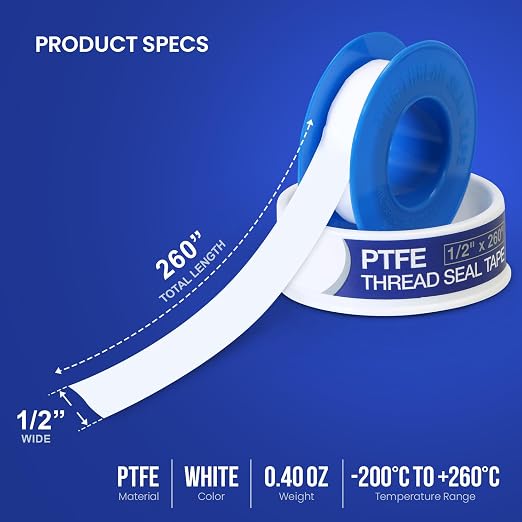 Supply Giant Plumbers PTFE Tape 1/2" W x 260" L Pipe Thread Tape, High Density Thread Sealant Tape Water Seal Plumbing Tape for Shower Head, Pipes, Gas Lines, Leak Prevention