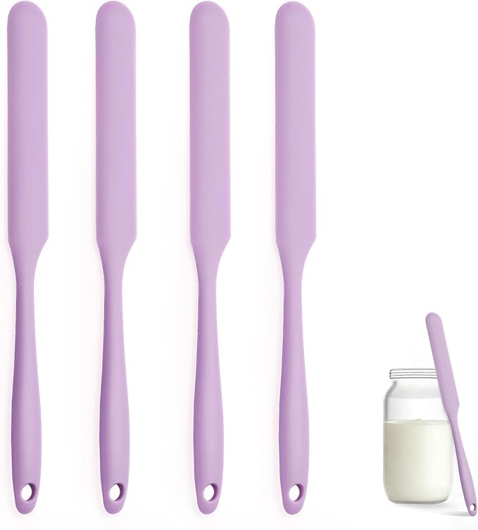 Silicone Jar Spatula Set of 4, Long Handle Skinny Spatula and Spurtle for Sourdough Starter, Flexible Jar Scraper for Peanut Butter, Jam, Icing, Cream with No Batter Left Behind (4)
