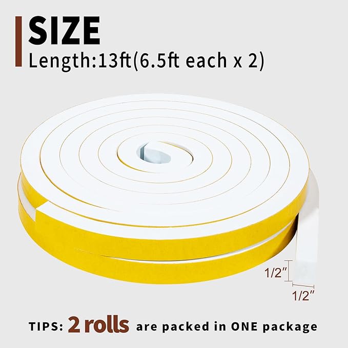 Yotache White Foam Insulation Tape 1/2" x1/2", Rubber Weather Stripping Seal, Total 13 Feet Long (2 X 6.5 Ft Each)