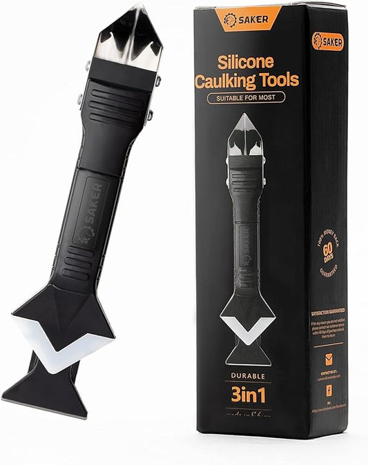 Saker Silicone Caulking Tool 3-in-1 Grout Removal Tool and Sealant Finishing Scraper with Stainless Steelhead, Caulk Remover and Seam Repair Kit for Bathroom, Kitchen, Floor, Window and Sink Joints