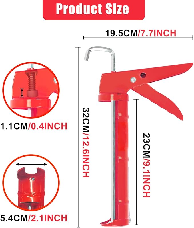 Holothurian Caulking Gun, Caulk Gun No Drip,Sealant Finishing Tool Grout Scraper for Kitchen Bathroom Window Sink Joint, 1/10 Gallon Cartridge, 10:1 Thrust Ratio, Red