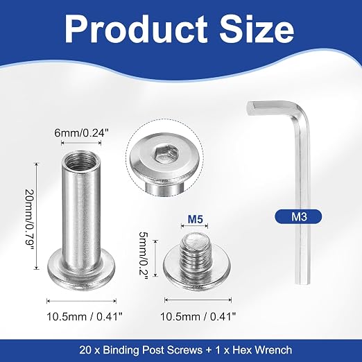 PATIKIL M5x5mm Hex Chicago Screws 6x20mm, 20Pcs 304 Stainless Steel Metric Hex Drive Socket Cap Binding Post Screw Posts for Scrapbook Leather Belt Album Furniture Repair, Silver