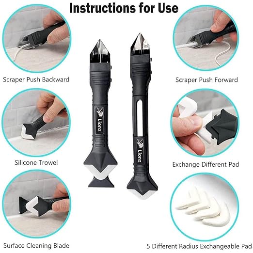 Lionz 3 in 1 Silicone Caulking Tool Stainless Steel Head, Sealant Finishing Tool Caulk Remover Sealant and Grout Scraper, Suitable for Kitchen, Bathroom Windows, Sink Connections, Floors, DIY.