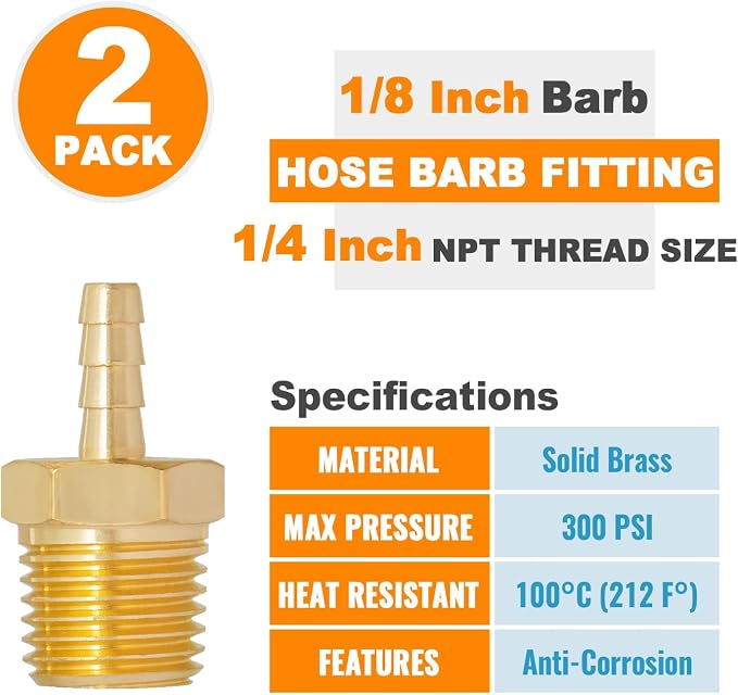SUNGATOR Hose Barb Fittings 1/8 Inch Barb × 1/4 Inch NPT, Brass Air Hose Fittings, 1/8" to 1/4" NPT Male Air Line Repair Connector Kit, Brass Male Thread Pipe Adapter (2 Pack)