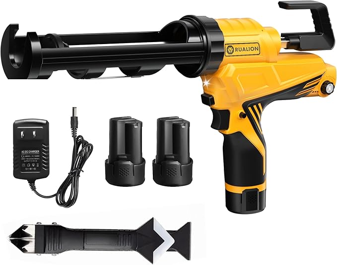 Electric Caulk Gun - Max 4000N Force, Variable Speed Cordless 1/10 Gallon (10 oz) Caulking Tool with Rotating Cradle & Auto Flow Stop (2 * 12V 2.0 Ah Batteries)