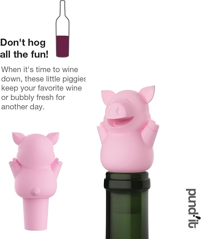 Pund'it 3 Little Swigs Wine Bottle Stoppers, Set of 3 Pig Silicone Champagne and Wine Corks