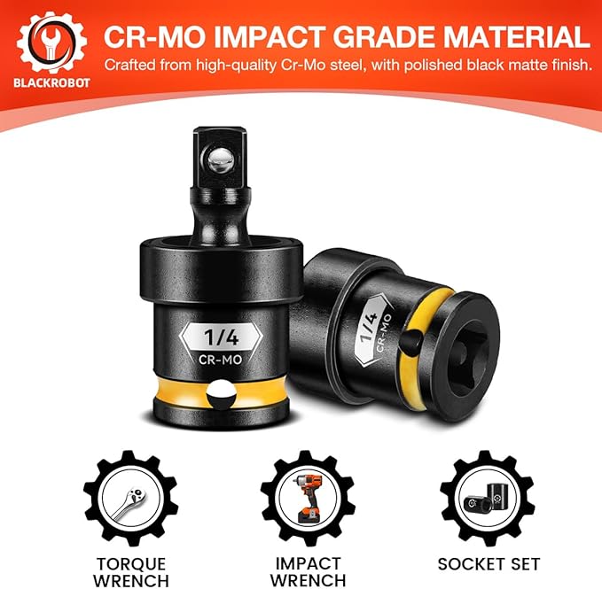 BLACKROBOT 1/4" Drive Impact Universal Joint Set, CR-MO Swivel Socket Adapter for Bicycle Repair & Home DIY, Flexibly Reach Tight-Angle Fasteners