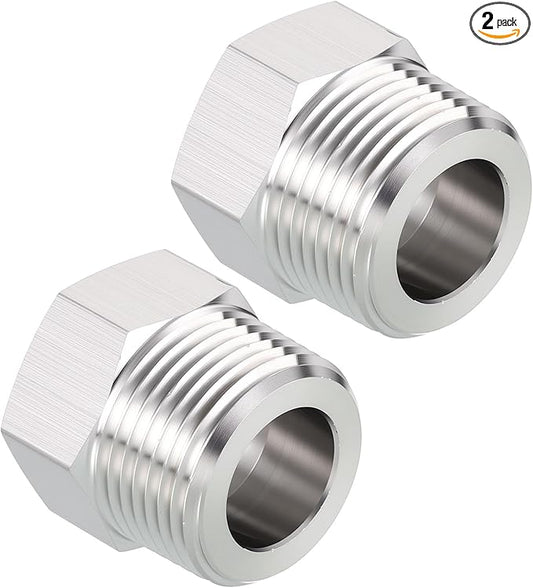 Pack of 2, 3/4" Male NPT to 1/2" FeMale NPT Solid 304 Stainless Steel Hex Bushing, Hose Fittings Adapter Reducer for Pipe Leak Repair, Bathroom Remodeling, Tool Extensions