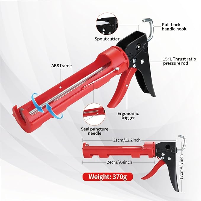 Caulk Gun Kit, Caulking Gun No Drip with 3 Silicone Caulking Tool and 3 in 1 Caulk Remover Tool, 15:1 Thrust Ratio, Professional Hand Caulking Gun Tool for the Seams of Bathroom and Kitchen Sinks