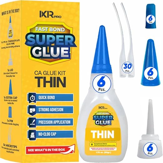 CA Glue Thin Viscosity Kit (6x1.75 oz.) Cyanoacrylate Glue, Super Glue for Precision Repairs, Wood, Plastic, Model Building, Crafts, and 3D Printing, Fast-Drying Adhesive for Tight Spaces and Cracks