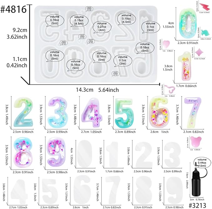 Number Resin Shaker Molds Set 0-9 Keychain Charms Pack of 22 Epoxy Silicone Trays Precision Tip Applicator Bottle Kit Bundle