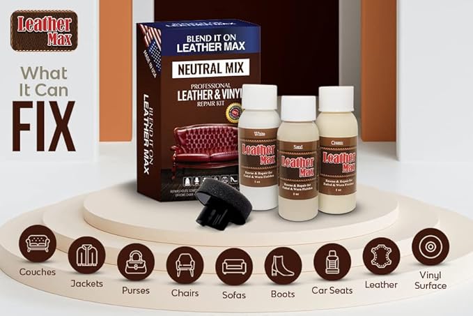 Leather Max Quick Blend Refinish and Repair Kit, Restore Couches, Recolor Furniture & Repair Car Seats, Jackets, Sofa, Boots / 3 Color Shades to Blend with/Leather Vinyl Bonded and More (Neutral Mix)