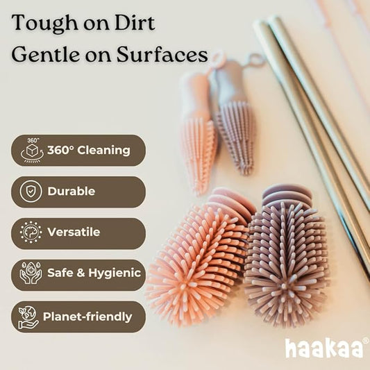 Haakaa Silicone Cleaning Brush Kit – Household Cleaning Brushes for Bottles and Crevices – Food-Grade Silicone: Dishwasher Safe (Brush-Blush)