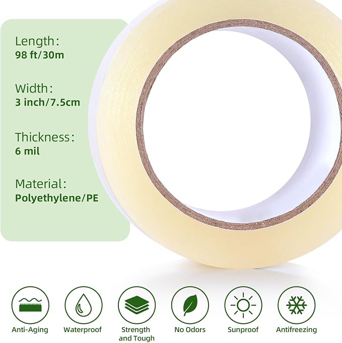 Ohuhu Greenhouse Repair Tape Plastic: 3" x 98' Green House Sheeting Tape 6.3 mil Reinforced Clear Plastic Film for Greenhouse Polyethylene PE Cover Repair