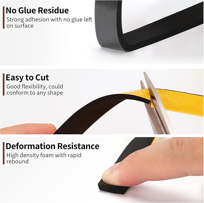 Yotache Weather Stripping Door Seal Strip 1/2 x 1/4 inch, 2 Rolls x 13Ft, New Adhesive Foam Insulation Tape for Door Frames, Windows, Total 26Ft
