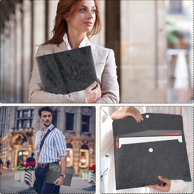 A4 PU Leather File Holder Document Folder Black Thin Waterproof Portfolio Filing Envelope Oragnizer Pocket Storage Case with Snap Closure for Receipt Contract Stationery Tablet
