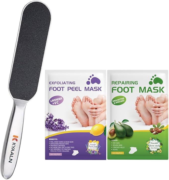 Stainless Foot File Callus Remover for Cracked Heels & Dead Skin — Pedicure Rasp with 10 Replacement Pads & 2 Exfoliating Foot Masks, Sandal Season Foot Care Kit (3in1 Set)