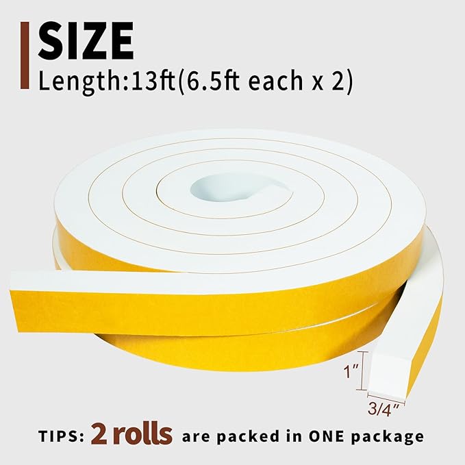 Yotache White High Density Foam Tape 1" x3/4" for Windows Air Conditioner Insulation Seal, Weatherstrip, AntiVibration, Shockproof Protection, Total 13 Ft (2 X 6.5 Ft Each)