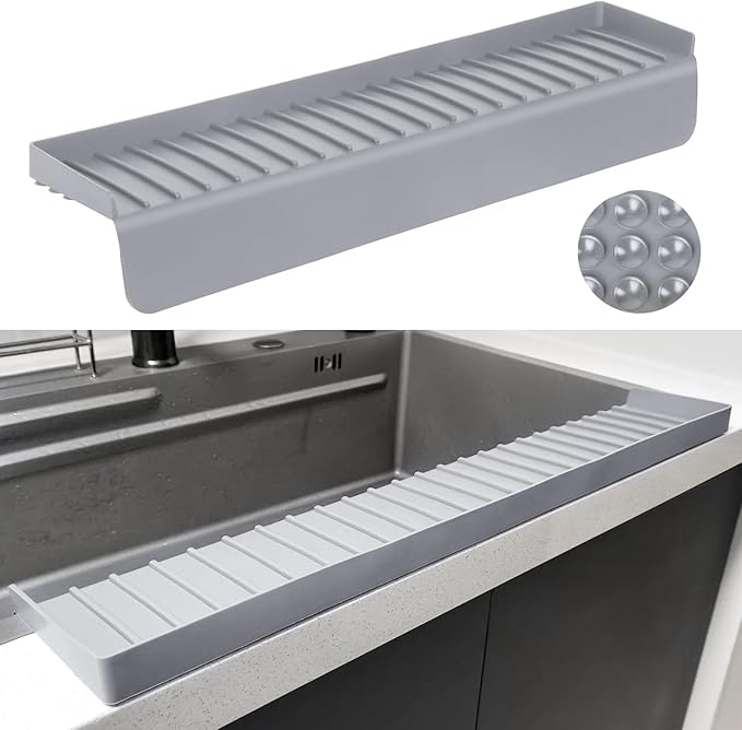 Silicone Sink Edge Protectors - Multifunction Accessories, Splash Guard & Draining Mat for Kitchen, Bathroom Sink, Steel, Granite, Quartz Countertops (Gray, 4 * 24in)