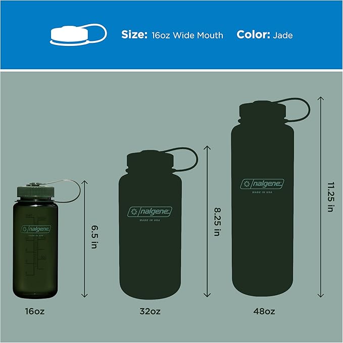 Nalgene 16 oz Wide Mouth Water Bottle | Slim Cup Holder Size, BPA-Free, Durable & Leak Proof, Lightweight Travel Bottle, Jade