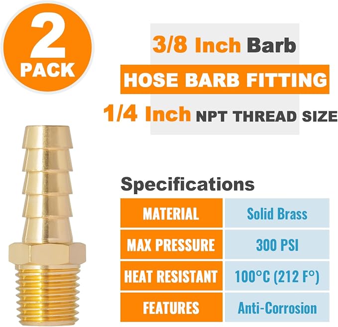 SUNGATOR Hose Barb Fittings 3/8 Inch Barb × 1/4 Inch NPT, Brass Air Hose Fittings, 3/8" to 1/4" NPT Male Air Line Repair Connector Kit, Brass Male Thread Pipe Adapter (2 Pack)