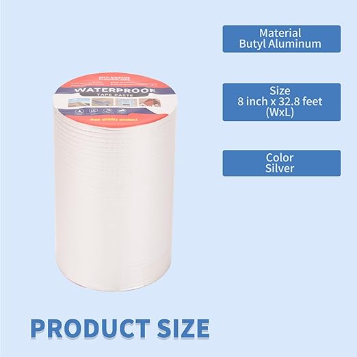 8" W X 32.8'L Waterproof Tape for Leaks Aluminum Butyl Tape with Adhesive for RV Repair, Glass Repairs, Air Mattress Patch, Window Caulking, Boat Sealing, Roof Patching
