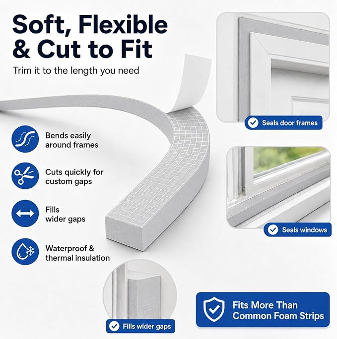 1" x 2" EVA Foam Weather Stripping Tape, 13FT Self-Adhesive Foam Seal Strip for Large Door & Window Gaps, Grey