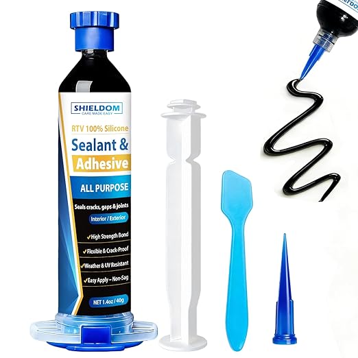 SHIELDOM RTV Silicone Sealant Adhesive 100% Waterproof - No Caulking Gun Needed Silicone Caulk - High-Strength Flexible Shrink & Crack Proof Sealing for Cars, Bathroom, Kitchen, Windows Black 1.4oz