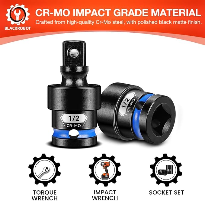 BLACKROBOT 1/2" Drive Impact Universal Joint Set, CR-MO Swivel Socket Adapter for Automotive Repair & Heavy-Duty Home DIY, Flexibly Reach Tight-Angle Fasteners