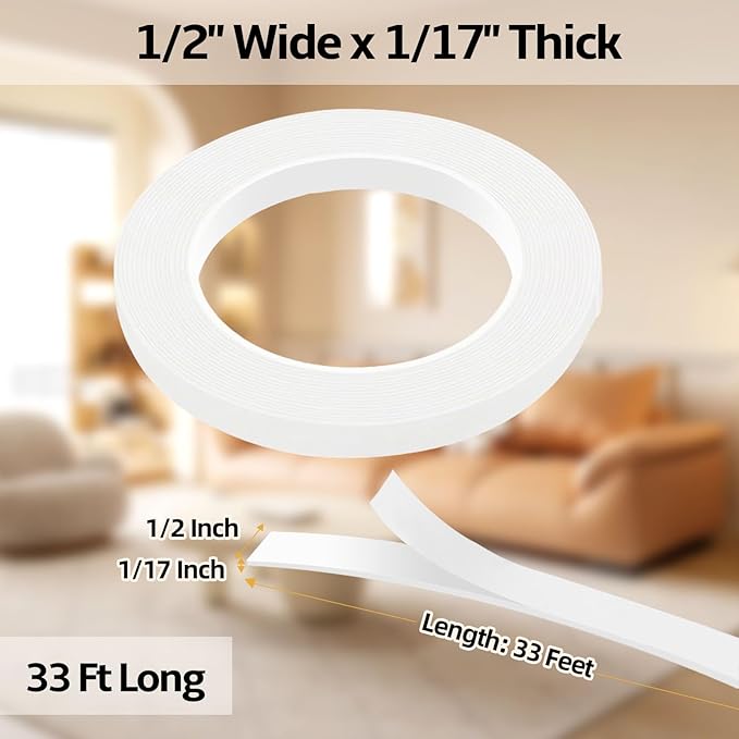 1/2 Inch Wide 1/17 Inch Thick White Window Sealing Tape,Weather Stripping Door Seal,Foam Insulation Tape,Single-Sided Self-Adhesive Foam Strips,33 Feet Long