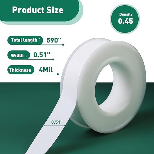 3 Roll Plumbers Tape, Teflon Water Pipe Sealing Tape, High-Density Thickening and Lengthen, High-Sealing Performance Waterproof Duct, Thread Seal, L 590 in x W 0.51 in. White