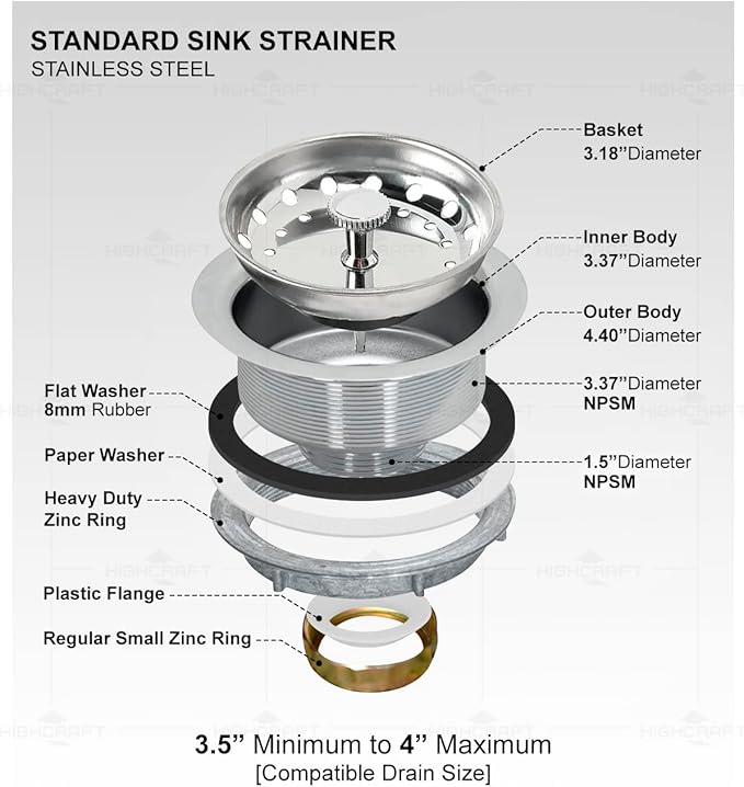 Highcraft 9733 Kitchen Sink (3-1/2'' Inch) Stainless Steel Drain Assembly With Strainer Basket-and Rubber Stopper, 3.5