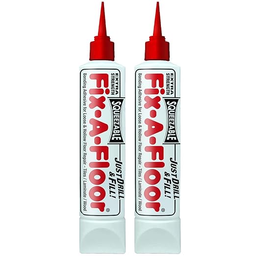 Pack of 2 - The Original Fix-A-Floor Squeezy All-in-One Repair Adhesive for Loose, Hollow, Creaky Tiles & Wood. Just Drill & Fill! Easy Squeezy! Made in The USA!