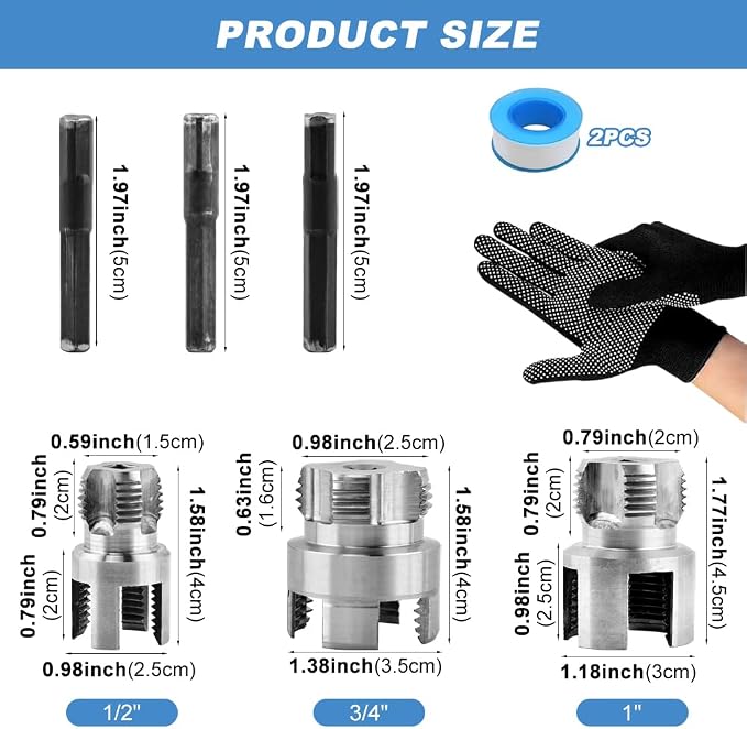 PVC Pipe Threading Tool Kit, 10Pcs Dual Internal & External Pipe Threader Set for 1/2", 3/4" & 1" Plastic Pipes, Carbon Steel Drill-Powered Tapping Tool for Plumbing, Irrigation & Home Repair